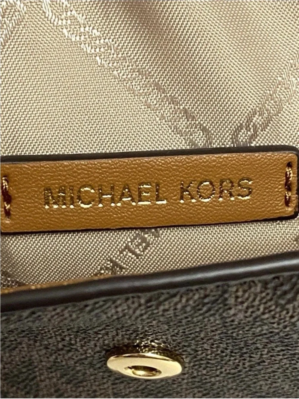 Michael Kors Brown Signature Logo Wristlet with Tan Trim